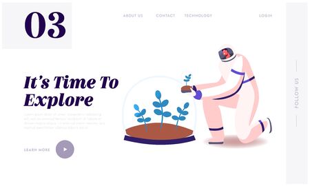 Mars Colonization, Universe, Outer Cosmos Exploration Landing Page Template. Male Astronaut Character in Space Suit Plant Green Sprout to Soil under Glass Dome on Planet. Cartoon Vector Illustrationのイラスト素材