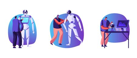 Set Scientists Characters Create Cyborgs in Laboratory. Robot Creating Process. Hardware and Software Robotics, Engineer Develop Artificial Intelligence Technology. Cartoon People Vector Illustrationのイラスト素材