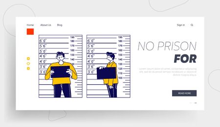 Arrested Man Posing for Identification Mugshot Photo Landing Page Template. Criminal Male Character Stand on Measuring Scale with Mug Shot Plate in Police Station. Linear People Vector Illustrationのイラスト素材