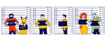 Characters Criminal Mugshot Front, Side View on Measuring Scale Background in Police Station. Arrested Men, Woman and Dog with Board Posing for Identification Photo. Linear People Vector Illustrationのイラスト素材