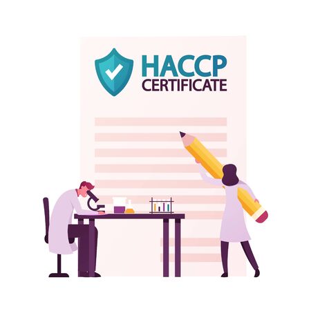 Tiny Characters with Microscope. Haccp Hazard Analysis and Critical Control Point. Standard and Certification, Quality Control Management Rules for Food Industry. Cartoon People Vector Illustrationのイラスト素材