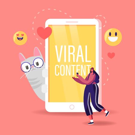 Tiny Female Character Teenager Watching Funny Viral Video Clip on Smartphone Walk near Huge Mobile Phone with Cute Cat Wearing Glasses, Smiles Emoji and Heart Icons around. Cartoon Vector Illustrationのイラスト素材