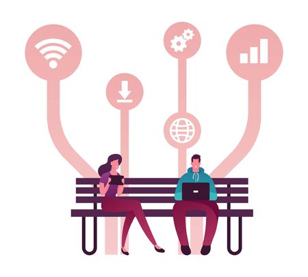 Young People Characters Using Gadgets Sitting on Bench, Chatting in Social Media Networks. Man Woman Communicating with Mobile Devices, Laptop, Tablet, Download Free Apps. Cartoon Vector Illustrationのイラスト素材