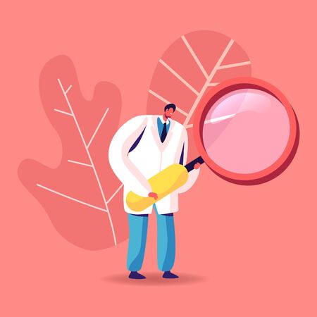 Male Doctor Character in White Medical Robe Looking in Huge Magnifying Glass. Clinic Medicine Profession, Hospital Healthcare Staff at Work, Practitioner Research Disease. Cartoon Vector Illustrationのイラスト素材