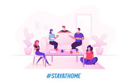 Group of Young People Celebrate Home Party during Quarantine Covid 19 Self Isolation Eating Pizza, Drinking Tea. Friend Characters Company Leisure, Spare Time, Celebration. Cartoon Vector Illustrationのイラスト素材