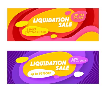 Set Advertising Banners with Liquidation Sale Typography. Abstract Wavy Background, Social Media Promo Branding Template Design for Shopping Discount. Backdrop Content Decoration. Vector Illustrationのイラスト素材