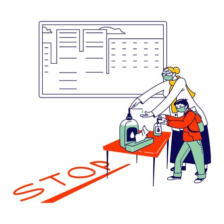People Visiting Pharmacy or Store during Coronavirus Pandemic. Woman with Little Boy Characters Covering Hands with Antibacterial Gel front of Stop Line, Protective Measure. Linear Vector Illustrationのイラスト素材