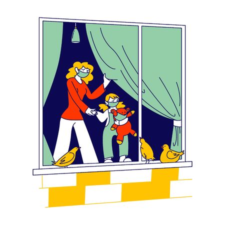 Quarantine and Covid19 Self Isolation Concept. Sad Woman and Little Girl Characters Wearing Protective Medical Masks Looking through Window on Street, Stay Home. Linear People Vector Illustrationのイラスト素材