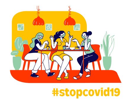 Happy Girls Wearing Medical Masks Sitting in Cafe Chatting and Drinking Coffee with Pastry and Bakery. Friends Company Characters Lunch Break, Stop Covid 19 Virus. Linear People Vector Illustrationのイラスト素材