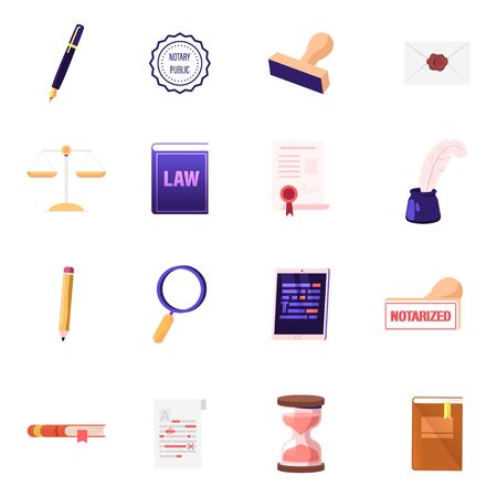 Set of Icons Quill Pen and Rubber Stamper, Letter with Wax Seal Stamp, Scales and Law Book. Scroll Paper Document, Inkwell, Tablet, Hourglass Isolated on White Background. Cartoon Vector Illustrationのイラスト素材