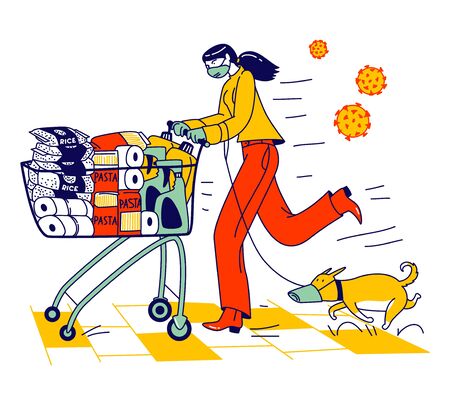 Woman and Dog in Protective Facial Masks Pushing Shopping Cart Full of Different Goods for Doomsday. Panic in Supermarket, Pandemic Chaos, Character Prepare for Apocalypse. Linear Vector Illustrationのイラスト素材