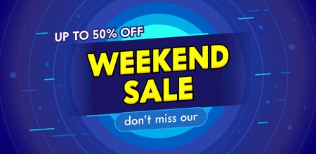 Weekend Sale Advertising Banner with Typography. Blue Background with Radial Circles. Design for Shopping Discount. Social Media Promo Content Ad, Poster, Flyer, Card Template. Vector Illustrationのイラスト素材