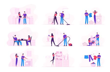 Family Couple Characters Wearing Medical Masks Doing Household Duties and Chores during Covid19 Quarantine Self Isolation. Man Woman Washing Clothes, Cleaning Home. Cartoon Vector People Illustrationのイラスト素材