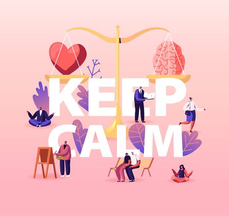 Keep Calm Concept. Heart and Brain Lying on Scales. Characters Search Balance in Love, Intelligence and Logic. People Choose between Mind and Feelings Poster Banner Flyer. Cartoon Vector Illustrationのイラスト素材