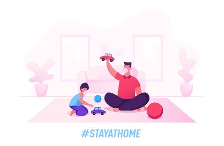 Man and Small Boy Characters Stay at Home during Covid 19 Quarantine Isolation. Happy Family of Dad and Kid Leisure Fun Time. Father and Little Son Playing Toys. Cartoon Vector People Illustrationのイラスト素材