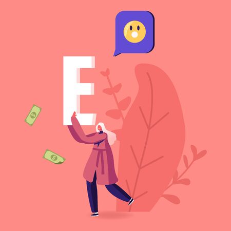Female Character Carry Huge Letter E with Smile Icon and Money Bills around. Woman Spread Hype in Social Networks, Trends in Advertising and News, Public Relations. Cartoon Vector Illustrationのイラスト素材