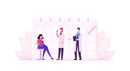 Young Mother in Mask Bring Little Baby to Hospital for Vaccination and Immunization Procedure. Doctor Characters Shooting Vaccine Covid19 for Immunity Health Care. Cartoon People Vector Illustrationのイラスト素材