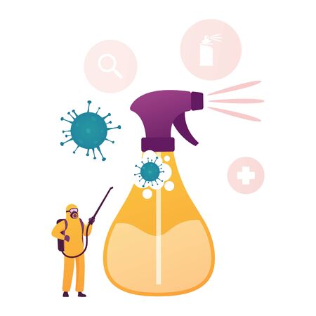 Tiny Human Character Wearing Protective Hazmat Suit Spraying Antibacterial Liquid on Huge Sprayer with Covid19 Cells Flying around. Coronavirus Contamination Disifection. Cartoon Vector Illustrationのイラスト素材