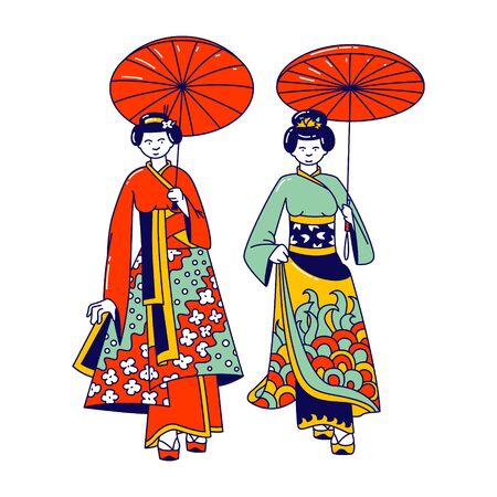 Geisha Women Isolated on White Background. Female Characters in Traditional Japanese Dresses, Hairstyle, Makeup and Umbrella Walking Together, Asian Kimono Fashion. Linear People Vector Illustrationのイラスト素材