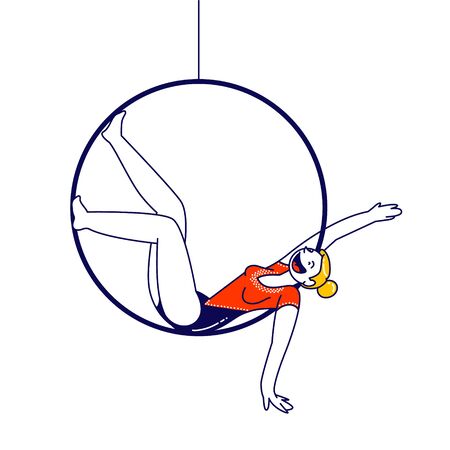 Acrobat Female Character Sitting in Hanging Ring Isolated on White Background. Girl Gymnast Performing on Circus Stage or Sports Competition. Acrobatics Show, Performance. Linear Vector Illustrationのイラスト素材