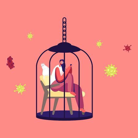 Female Character Sitting in Hanging Metal Birds Cage with Smartphone and Cat inside during Covid19 Pandemic Quarantine Self Isolation. Stay Home Save Lives Concept. Cartoon Vector Illustrationのイラスト素材