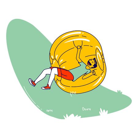 Zorbing Summer Time Fun, Active Recreation and Leisure. Teen Boy Character Rolling inside of Zorb Sphere in Park. Weekend Activity, Sparetime, Outdoor Adventure, Game. Linear Vector Illustrationのイラスト素材
