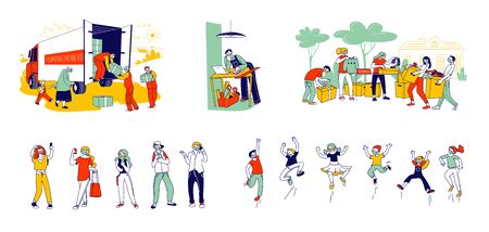 Set of Male Female Characters Young and Adult Wear Medical Mask during Quarantine Self Isolation and Covid19 Pandemic. Happy Kids Jumping, Humanitarian Aid, Donation. Linear People Vector Illustrationのイラスト素材