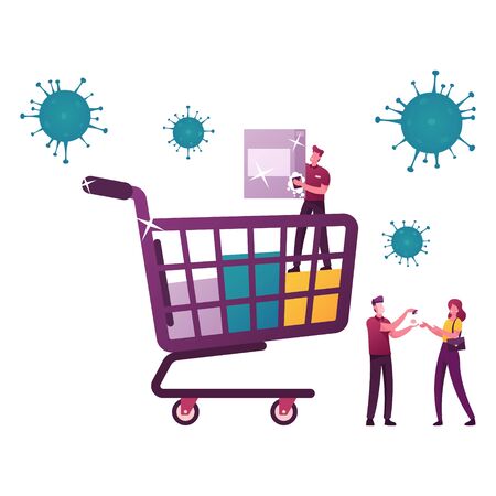 Shop Disinfection. Tiny Character on Huge Shopping Trolley Cleaning Equipment during Coronavirus Pandemic. Customer Spraying Antibacterial Gel on Hands Visit Store. Cartoon People Vector Illustrationのイラスト素材