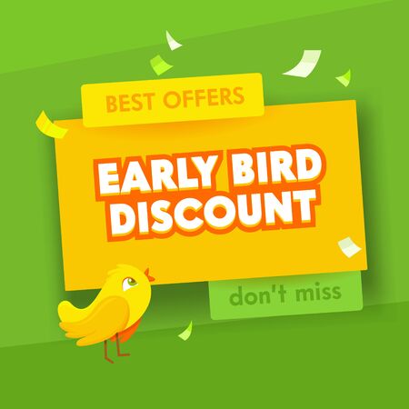 Early Bird Advertising Poster for Sale Promotion. Promo Banner, Flyer with Typography on Green and Yellow Background. Ad Template Backdrop Design for Shopping Discount. Cartoon Vector Illustrationのイラスト素材