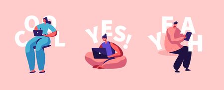 Freelance Self-employed Occupation Set. Relaxed Man and Women Freelancer Characters Working Distant on Laptop and Pc from Home Isolation. Remote Workplace, Lockdown. Cartoon Vector People Illustrationのイラスト素材