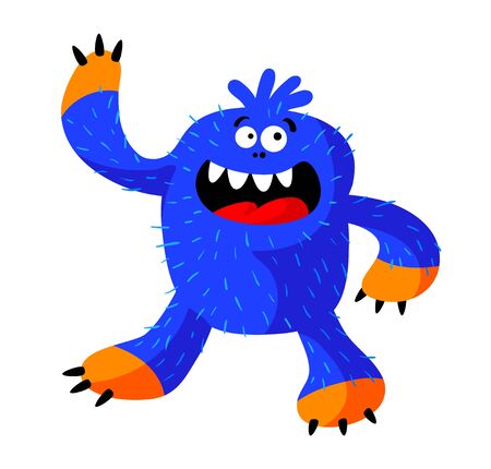 Cute Roaring Monster with Funny Face, Fangs, Blue Hairy Body and Claws. Alien or Big Foot with Long Sharp-clawed Arms. Yeti Isolated on White Background. Cartoon Vector Illustration, Icon, Clip Artのイラスト素材