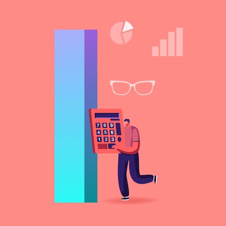 Audit or Science Statistics Concept. Administrator, Business Man, Financial Inspector or Secretary Character Making Report Calculating Balance, Checking Data Calculations. Cartoon Vector Illustrationのイラスト素材