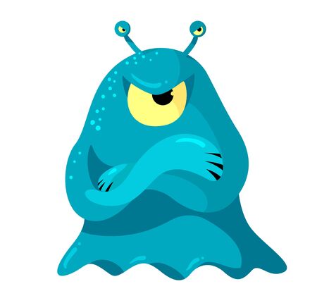 Angry Slug Monster or Alien with One Big and Two Small Eyes Antennas Stand with Crossed Arms Isolated on White Background. Fantasy Beast, Funny Creature. Cartoon Vector Illustration, Icon, Clip Artのイラスト素材