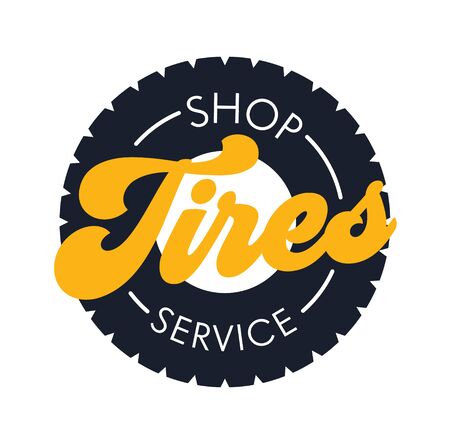 Tires Shop Service Banner in Flat Style. Poster with Car Tyre and Creative Typography. Vehicle Equipment and Accessories Store Label, Automobile Industry, Symbol of Wheel. Vector Illustration, Iconのイラスト素材
