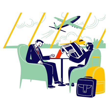 Couple of Businessmen Characters Sitting at Airport Business Lounge Wait for Flight. Men Sitting on Armchairs in Waiting Area Working on Laptop, Reading Newspaper. Linear People Vector Illustrationのイラスト素材