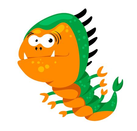 Cute Monster with Funny Face, Fangs and Many Feet with Claws. Worm, Germ, Alien or Bacteria with Long Body with Pimples Isolated on White Background. Cartoon Vector Illustration, Icon, Clip Artのイラスト素材