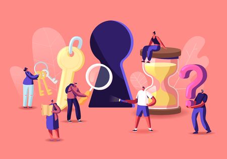 Tiny Male and Female Characters Paying Quest Game Solving Puzzle During Riddle. Escape Room Concept, Friends Company Adventure, Recreation. People with Keys and Hourglass. Cartoon Vector Illustrationのイラスト素材
