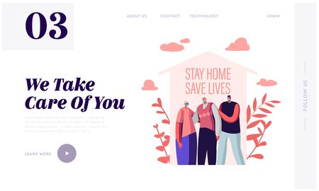 Stay at Home, Self Isolation Save Lives Landing Page Template. Senior and Young Characters Wearing Medical Masksのイラスト素材