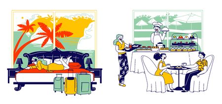 Hospitality and Room Service Concept. Male Female Characters Have Breakfast Sit at Table, Girl Call on Reception from Suit, Restaurant Staff Serving Food for Guest. Linear People Vector Illustrationの写真素材