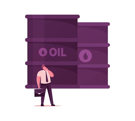 Thoughtful Businessman with Briefcase Wear Formal Suit Stand at Huge Metal Barrel with Oil Isolated on White Background. Business Man Character Thinking of Purchasing Oil. Cartoon Vector Illustrationのイラスト素材