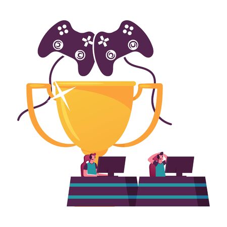 Gamers Sitting at Computer Desktops Playing Interactive Games during Cybersport Tournament. Tiny Male Characters Wear Headset at Huge Golden Trophy Cup and Joystick. Cartoon People Vector Illustrationのイラスト素材
