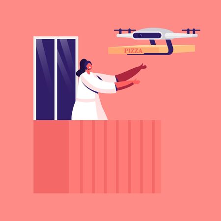 Female Character Stand on House Balcony Getting Pizza Box Order Delivering with Drone by Air. Futuristic Technologies in Post Mail and Shipping Service, Lockdown Isolation. Cartoon Vector Illustrationのイラスト素材