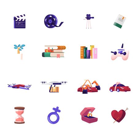 Icons Set Clapper, Camera, Film and Books, Plant, Joystick and Drone. Robotics Arm, Car Factory and Hourglass. Venus Symbol Engagement Ring and Heart Isolated on White Background. Cartoon Illustrationのイラスト素材
