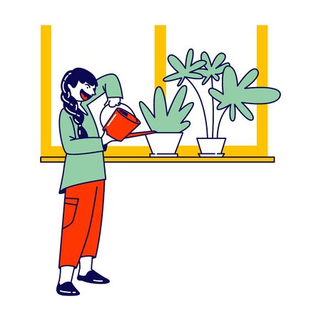 Child Helper Watering Home Plant in Flowerpot on Windowsill from Watering Can. Gardening Hobby, Girl Character Care of Domestic Flower in Pot at Home or Greenhouse, Chores. Linear Vector Illustrationのイラスト素材