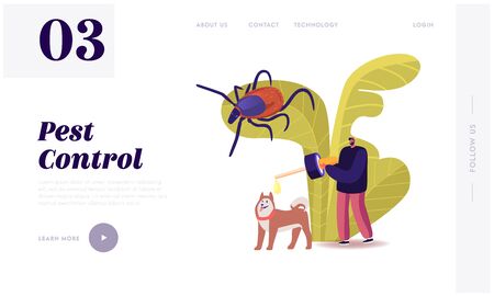 Domestic Animals Parasites Protection Landing Page Template. Male Character Drip Drops against Encephalitis Mites on Dog. Owner Protect Pet of Ticks and Poisonous Insects. Cartoon Vector Illustrationのイラスト素材