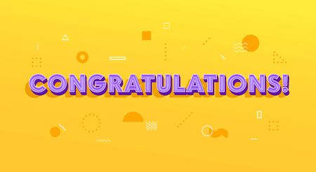 Greeting Card in Memphis Style, Banner with Congratulation Typography on Yellow Background with...