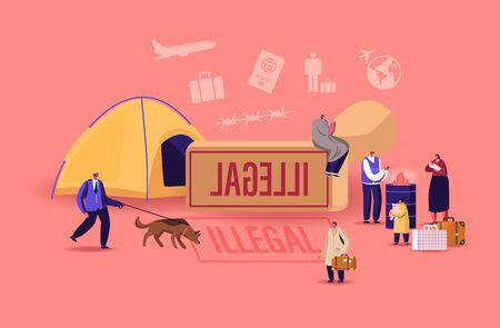 Problem of Illegal Immigration Concept. Male, Female and Little Children Characters Crossing Border, Immigration Control Service Searching Refugees Living on Street. Cartoon People Vector Illustrationのイラスト素材