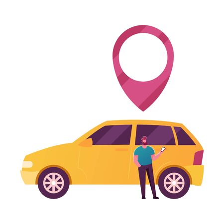 Male Character Use Car Sharing Service for Transportation in City. Man Stand at Auto with Gps Pin above Roof. Taxi, Automobile Rental and Share Mobile Online Application. Cartoon Vector Illustrationのイラスト素材