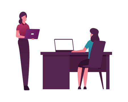 Female Character with Notebook Sitting Desk Work on Computers with Quantum Technology. Quantum-mechanical Computation. Business Women Office Employees with Laptops. Cartoon People Vector Illustrationのイラスト素材