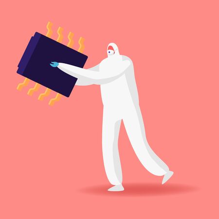 Presentation of New Generation Semiconductor Microchip. Tiny Character Holding Huge Piece of Technological Wonderのイラスト素材